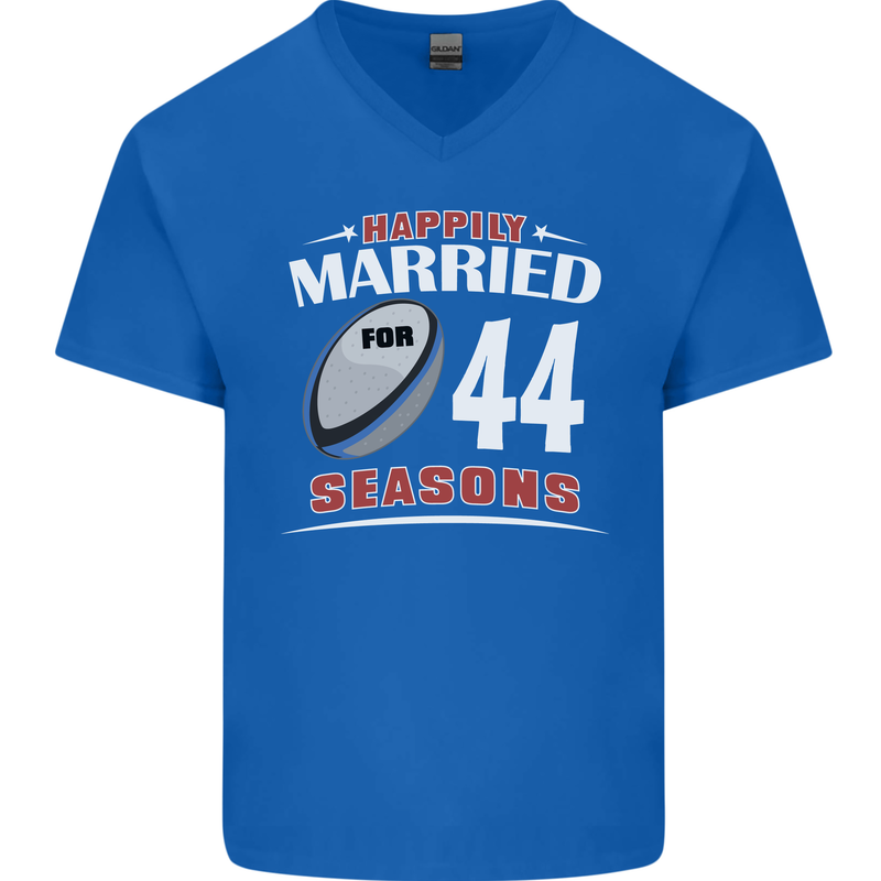 44 Year Wedding Anniversary 44th Rugby Mens V-Neck Cotton T-Shirt Royal Blue
