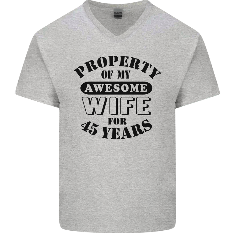 45th Wedding Anniversary 45 Year Funny Wife Mens V-Neck Cotton T-Shirt Sports Grey