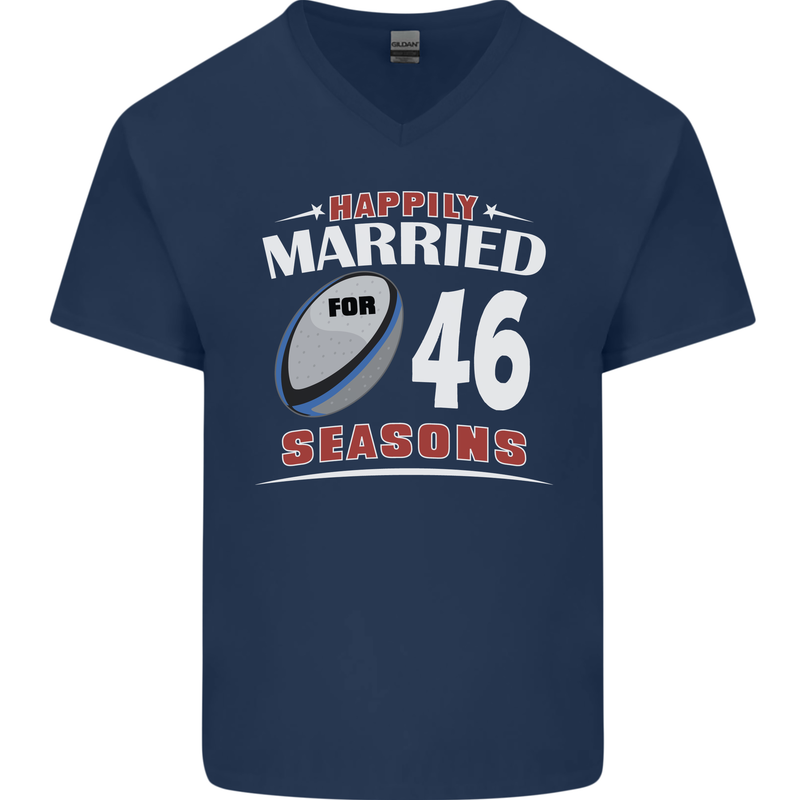46 Year Wedding Anniversary 46th Rugby Mens V-Neck Cotton T-Shirt Navy Blue