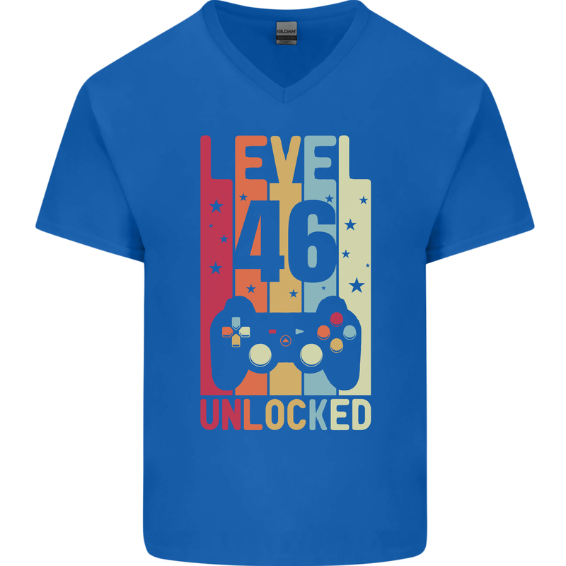 46th Birthday 46 Year Old Level Up Gamming Mens V-Neck Cotton T-Shirt Royal Blue