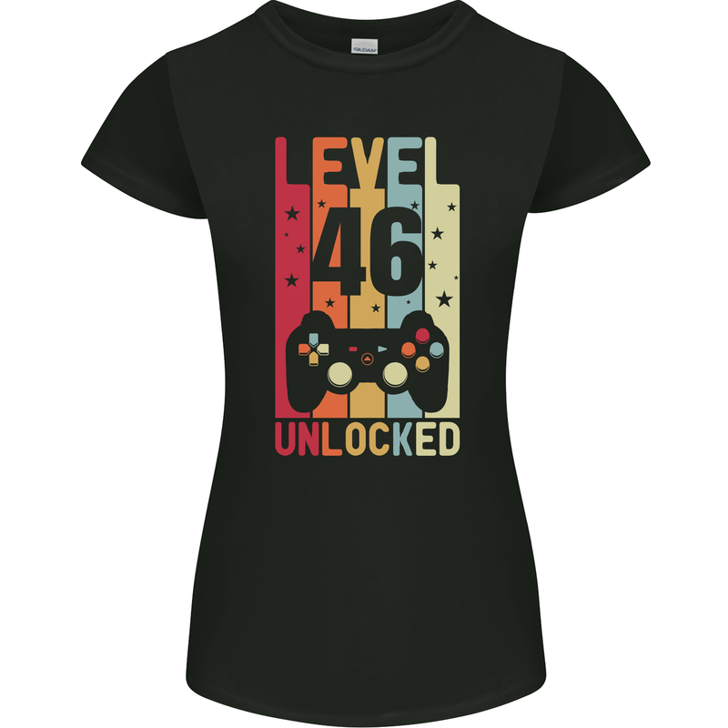 46th Birthday 46 Year Old Level Up Gamming Womens Petite Cut T-Shirt Black