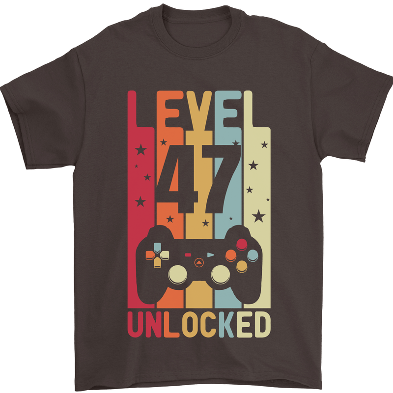 47th Birthday 47 Year Old Level Up Gamming Mens T-Shirt 100% Cotton Dark Chocolate