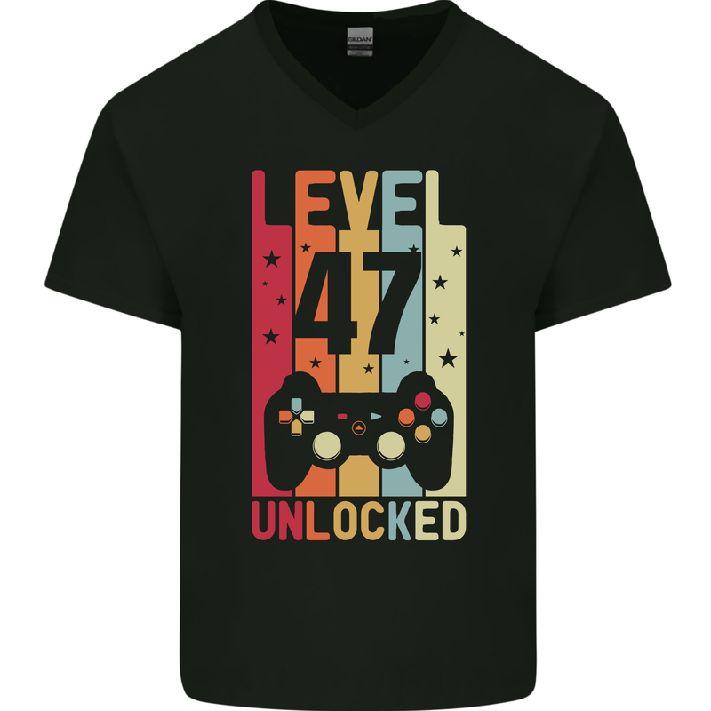 47th Birthday 47 Year Old Level Up Gamming Mens V-Neck Cotton T-Shirt Black