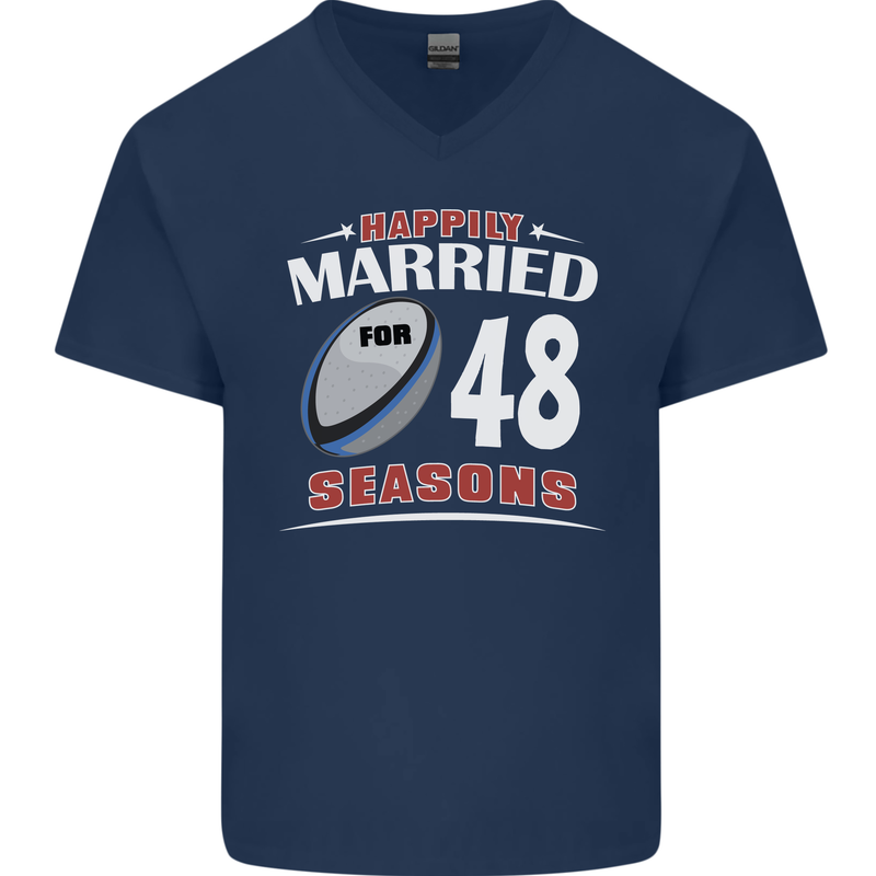 48 Year Wedding Anniversary 48th Rugby Mens V-Neck Cotton T-Shirt Navy Blue