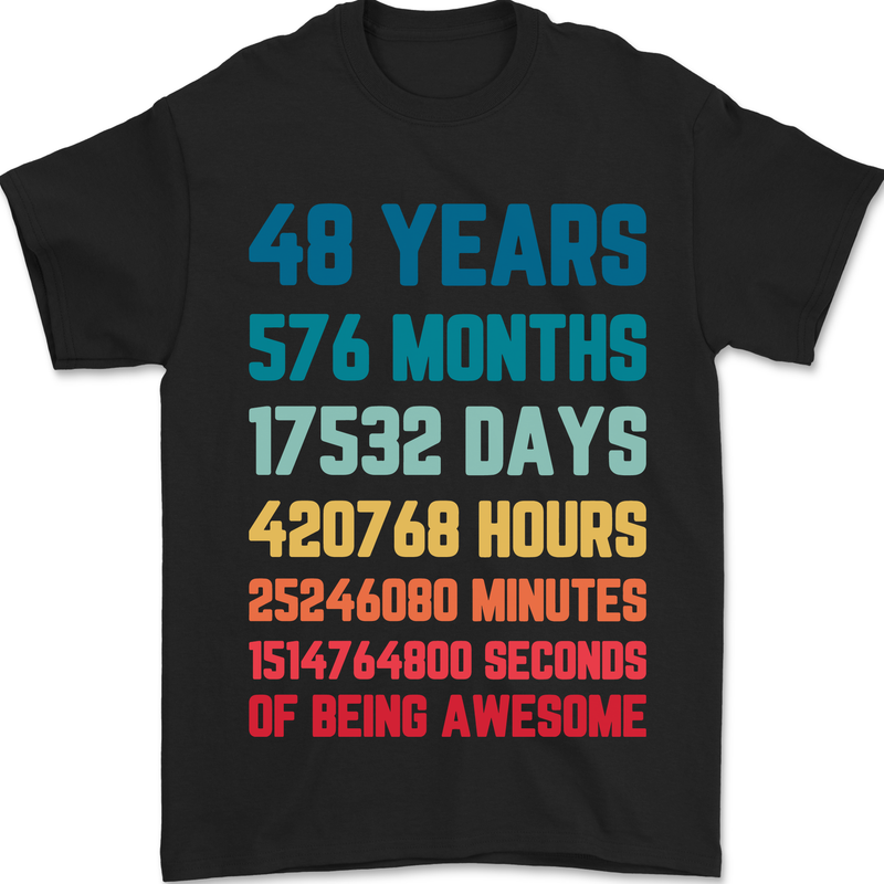 48th Birthday 48 Year Old Mens T-Shirt 100% Cotton Black