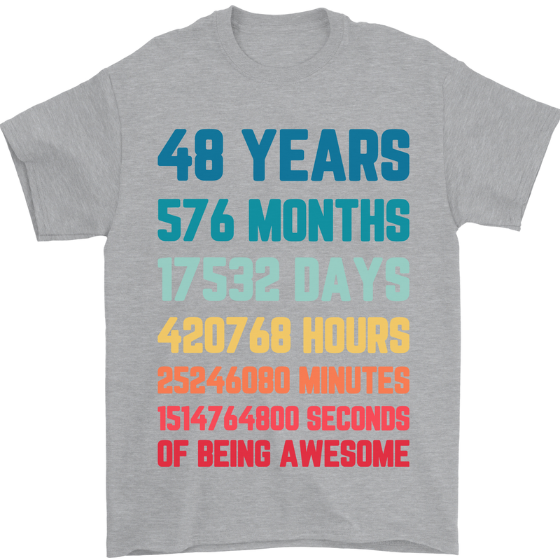 48th Birthday 48 Year Old Mens T-Shirt 100% Cotton Sports Grey