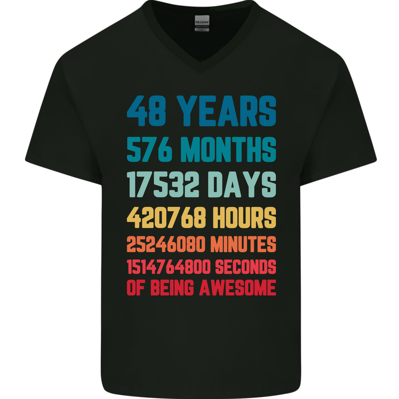 48th Birthday 48 Year Old Mens V-Neck Cotton T-Shirt Black