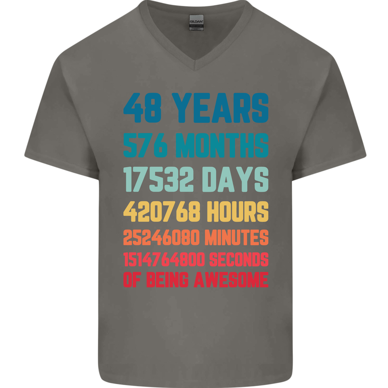 48th Birthday 48 Year Old Mens V-Neck Cotton T-Shirt Charcoal