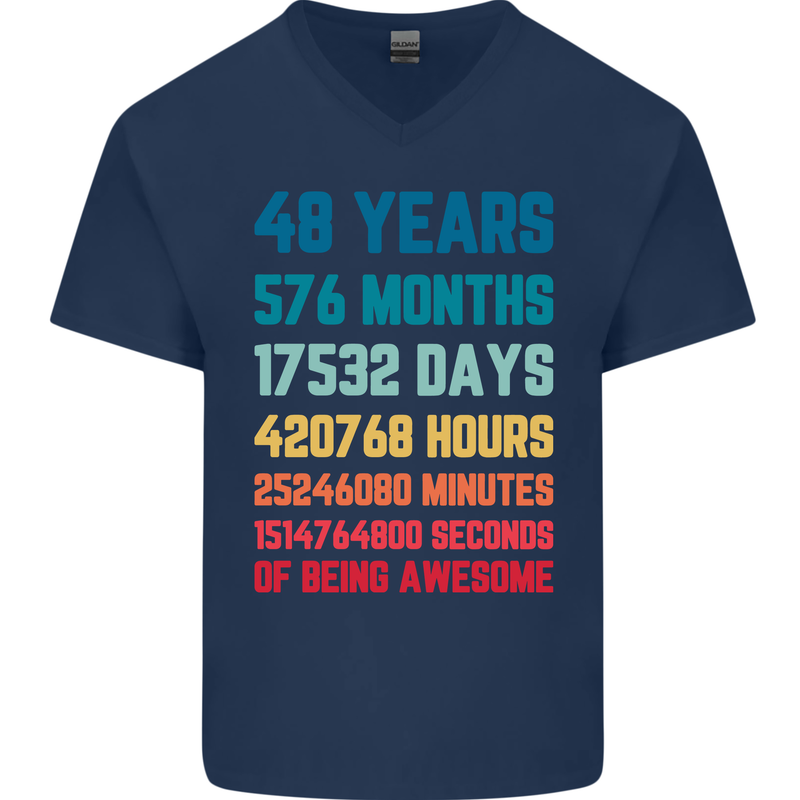 48th Birthday 48 Year Old Mens V-Neck Cotton T-Shirt Navy Blue
