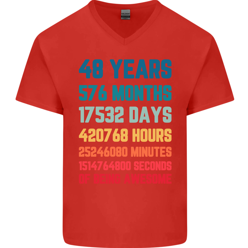 48th Birthday 48 Year Old Mens V-Neck Cotton T-Shirt Red