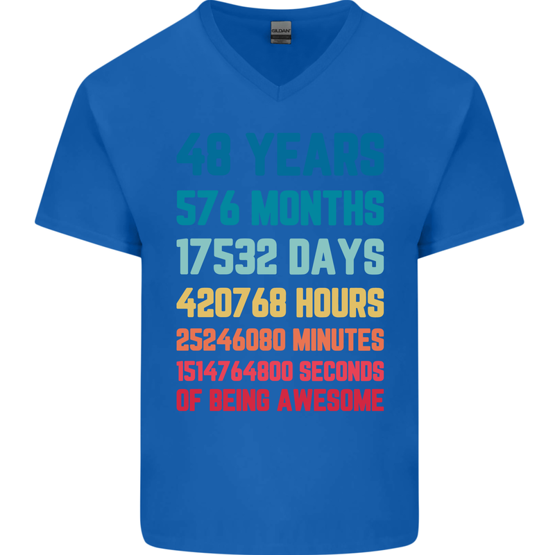 48th Birthday 48 Year Old Mens V-Neck Cotton T-Shirt Royal Blue