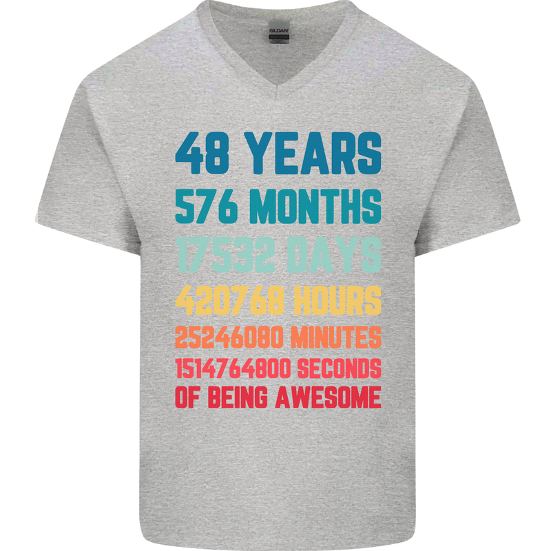 48th Birthday 48 Year Old Mens V-Neck Cotton T-Shirt Sports Grey