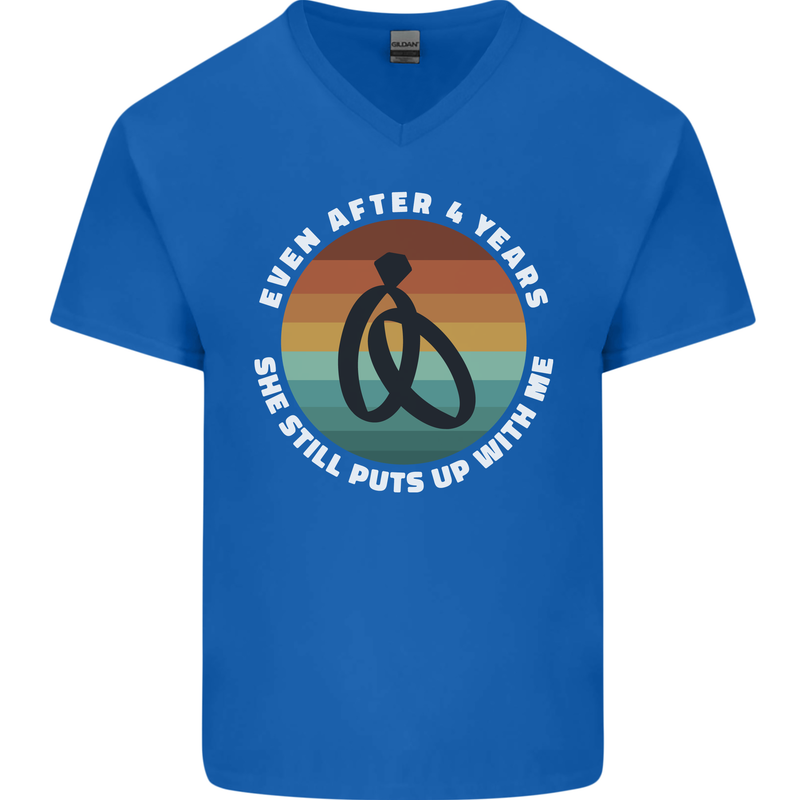 4 Year Wedding Anniversary 4th Marriage Mens V-Neck Cotton T-Shirt Royal Blue