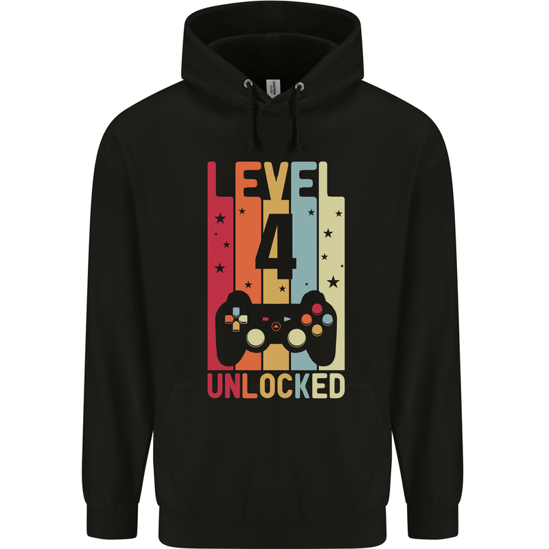 4th Birthday 4 Year Old Level Up Gamming Childrens Kids Hoodie Black