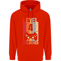 4th Birthday 4 Year Old Level Up Gamming Childrens Kids Hoodie Bright Red