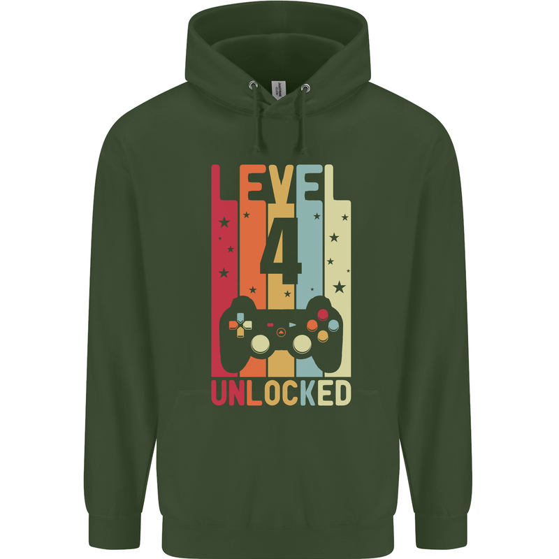 4th Birthday 4 Year Old Level Up Gamming Childrens Kids Hoodie Forest Green
