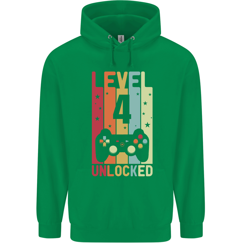 4th Birthday 4 Year Old Level Up Gamming Childrens Kids Hoodie Irish Green