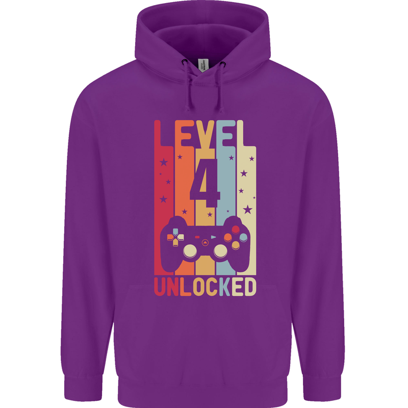 4th Birthday 4 Year Old Level Up Gamming Childrens Kids Hoodie Purple