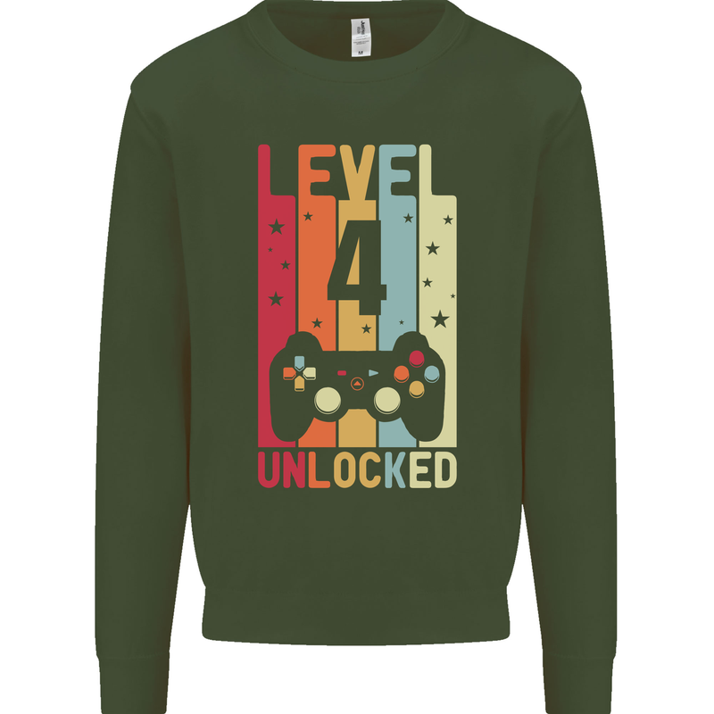 4th Birthday 4 Year Old Level Up Gamming Kids Sweatshirt Jumper Forest Green
