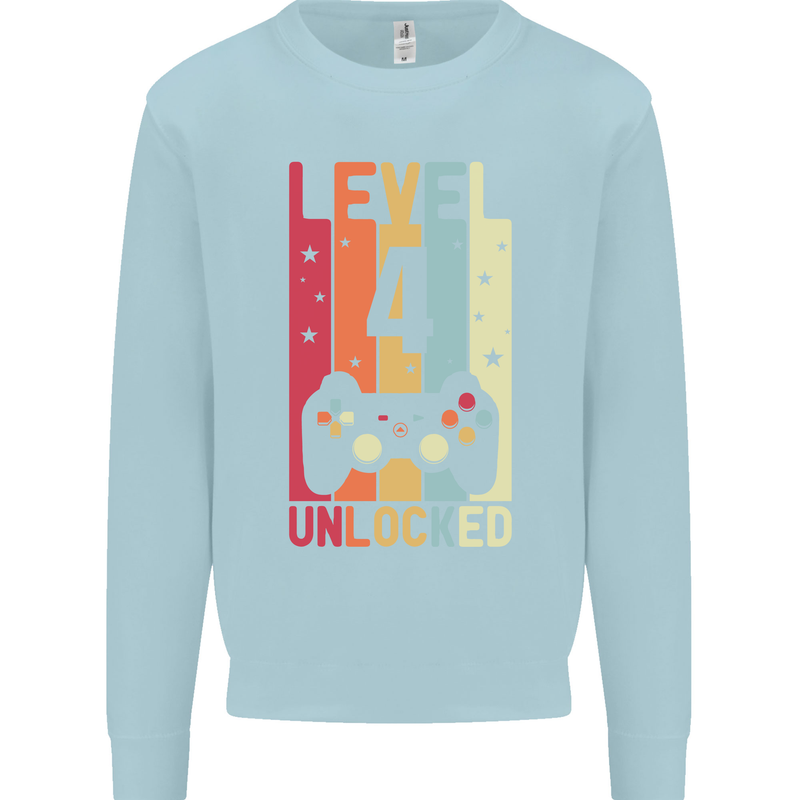 4th Birthday 4 Year Old Level Up Gamming Kids Sweatshirt Jumper Light Blue