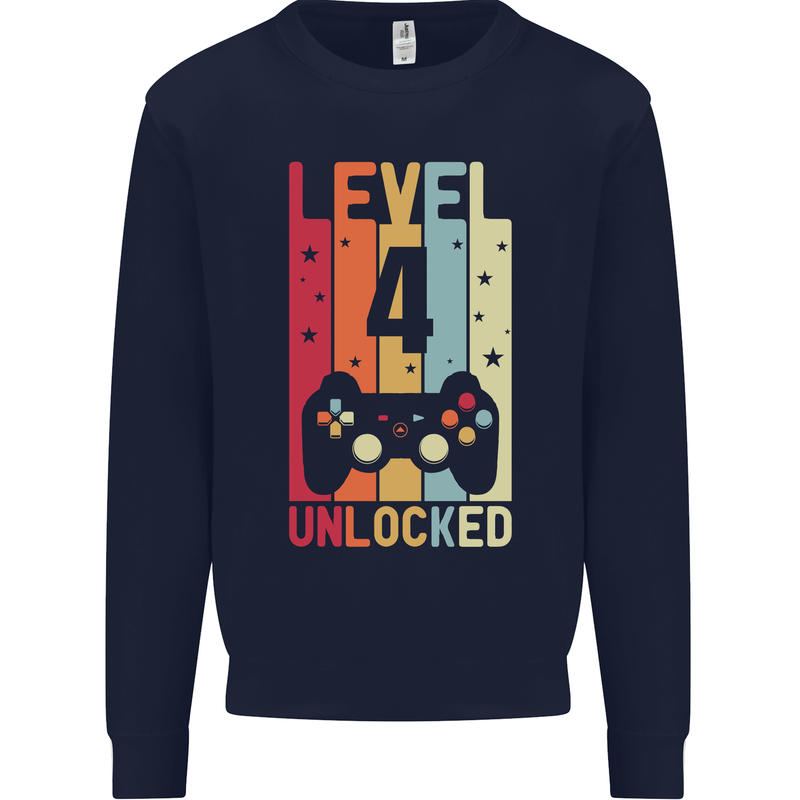 4th Birthday 4 Year Old Level Up Gamming Kids Sweatshirt Jumper Navy Blue