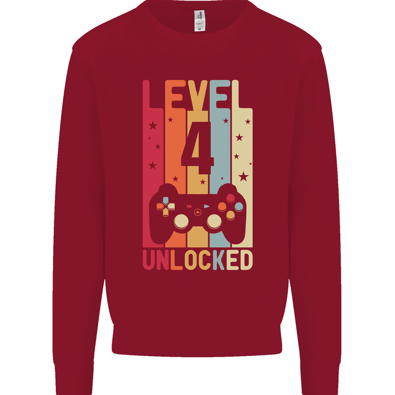 4th Birthday 4 Year Old Level Up Gamming Kids Sweatshirt Jumper Red