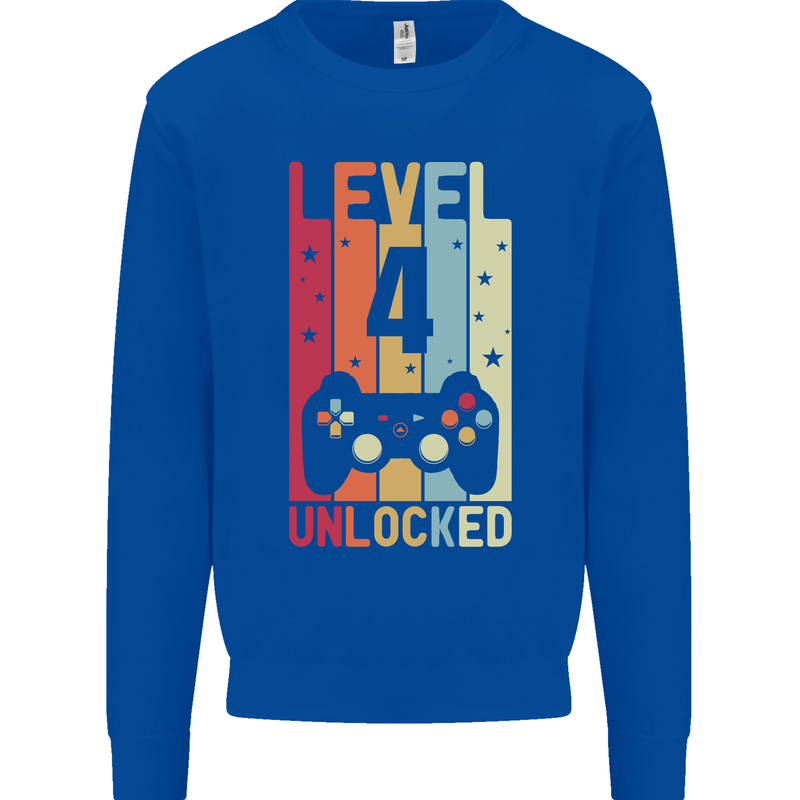 4th Birthday 4 Year Old Level Up Gamming Kids Sweatshirt Jumper Royal Blue