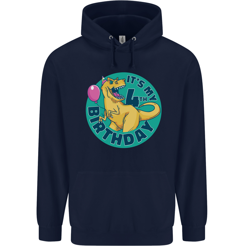 4th Birthday Dinosaur T-Rex 4 Year Old Childrens Kids Hoodie Navy Blue