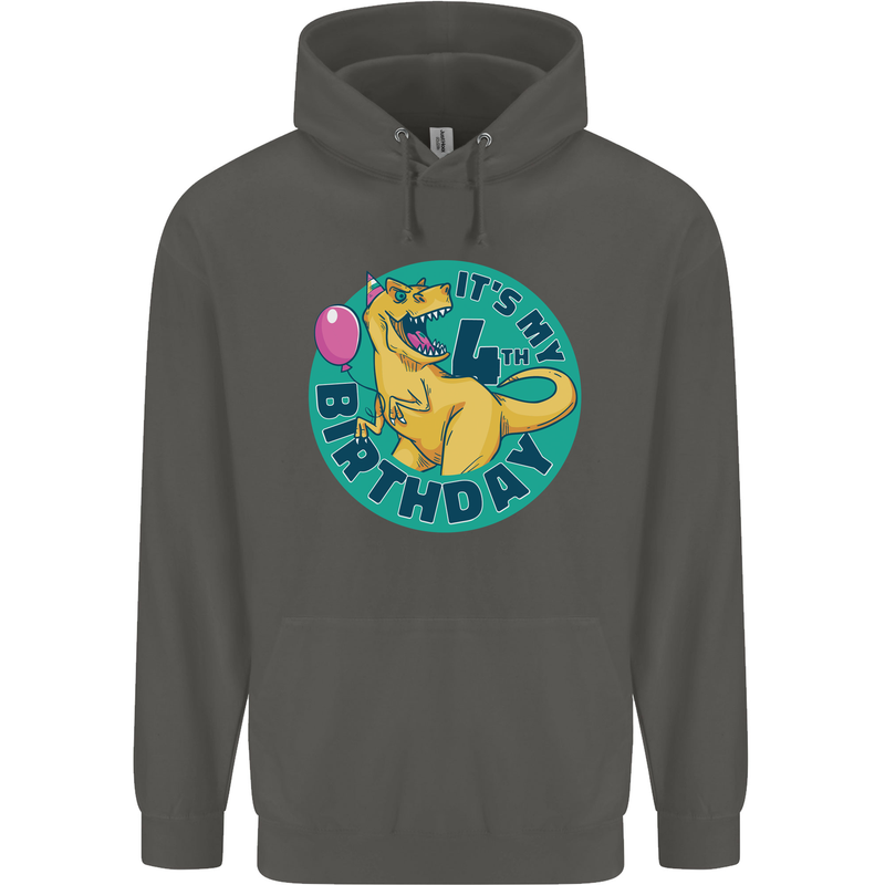 4th Birthday Dinosaur T-Rex 4 Year Old Childrens Kids Hoodie Storm Grey