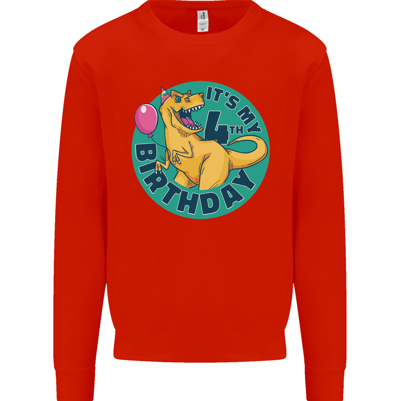 4th Birthday Dinosaur T-Rex 4 Year Old Kids Sweatshirt Jumper Bright Red