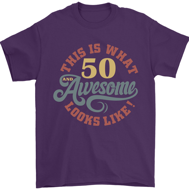 50th Birthday 50 Year Old Awesome Looks Like Mens T-Shirt 100% Cotton Purple
