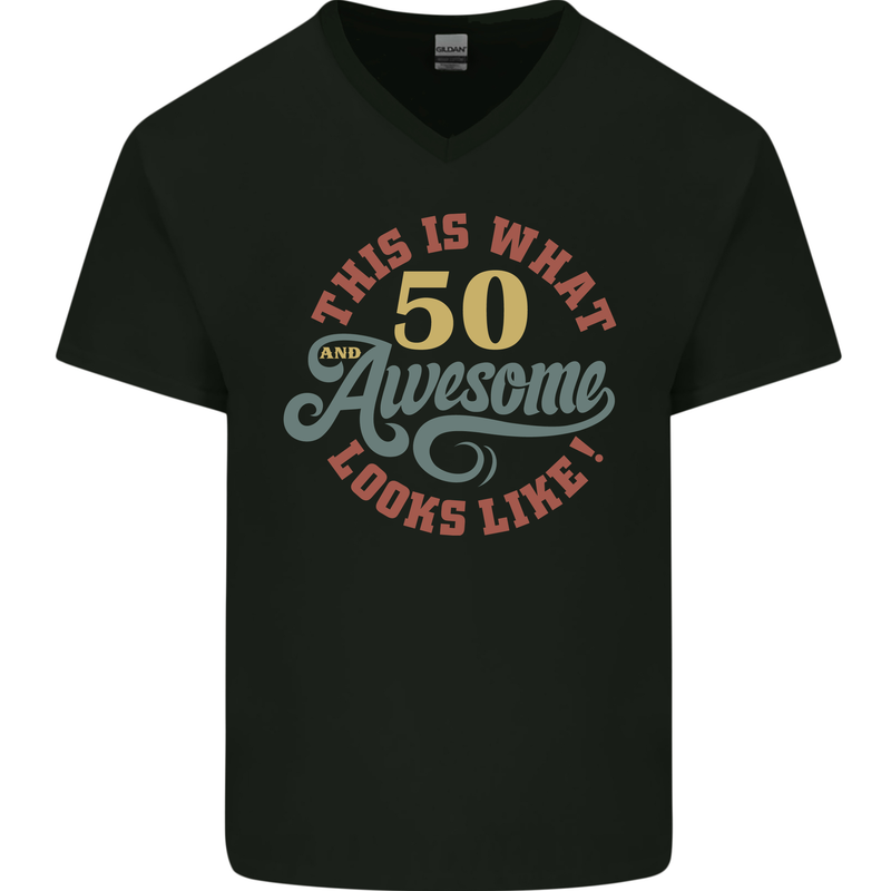 50th Birthday 50 Year Old Awesome Looks Like Mens V-Neck Cotton T-Shirt Black