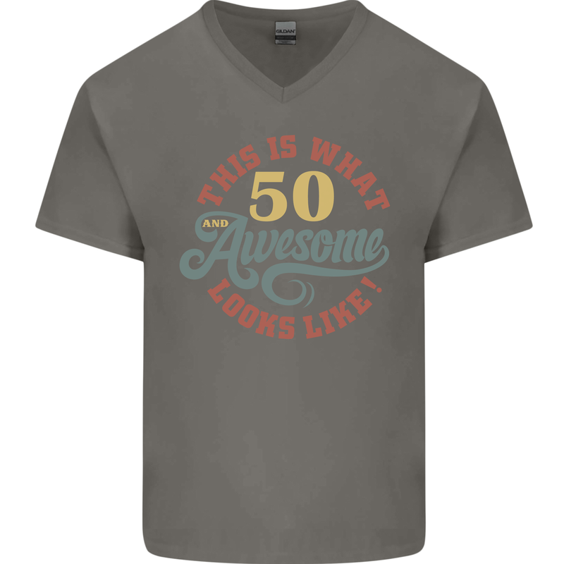 50th Birthday 50 Year Old Awesome Looks Like Mens V-Neck Cotton T-Shirt Charcoal