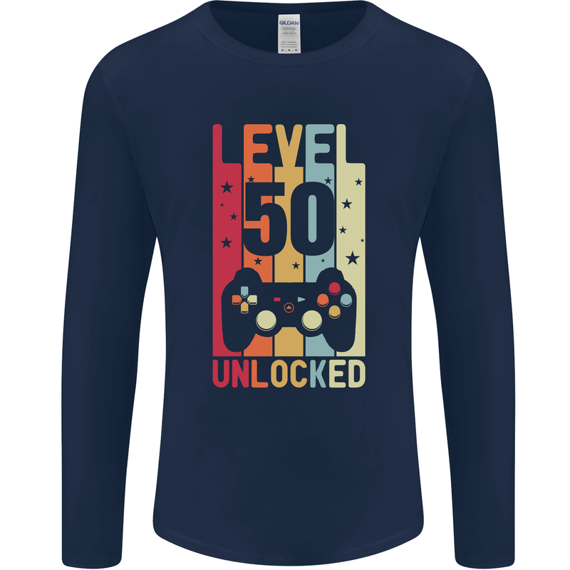 50th Birthday 50 Year Old Level Up Gamming Mens Long Sleeve T-Shirt Navy Blue