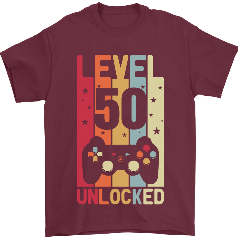 50th Birthday 50 Year Old Level Up Gamming Mens T-Shirt 100% Cotton Maroon