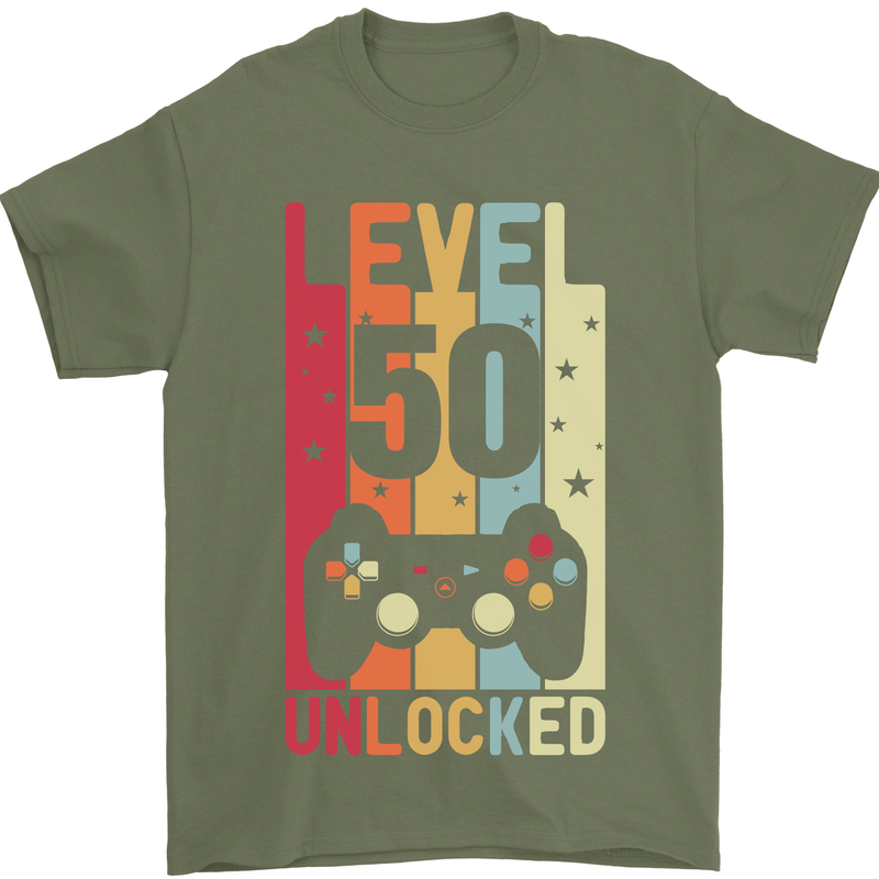 50th Birthday 50 Year Old Level Up Gamming Mens T-Shirt 100% Cotton Military Green