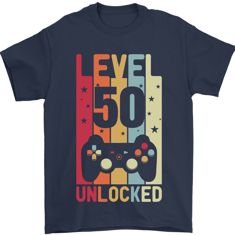 50th Birthday 50 Year Old Level Up Gamming Mens T-Shirt 100% Cotton Navy Blue