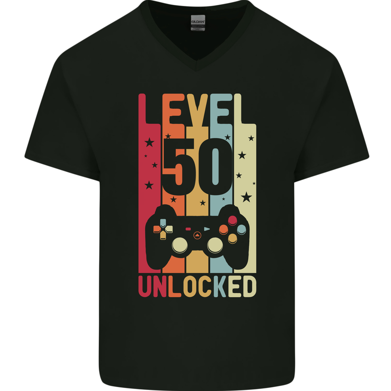 50th Birthday 50 Year Old Level Up Gamming Mens V-Neck Cotton T-Shirt Black