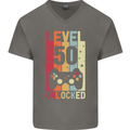 50th Birthday 50 Year Old Level Up Gamming Mens V-Neck Cotton T-Shirt Charcoal