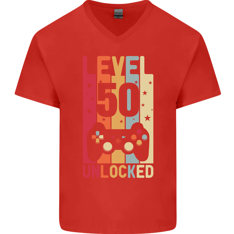 50th Birthday 50 Year Old Level Up Gamming Mens V-Neck Cotton T-Shirt Red