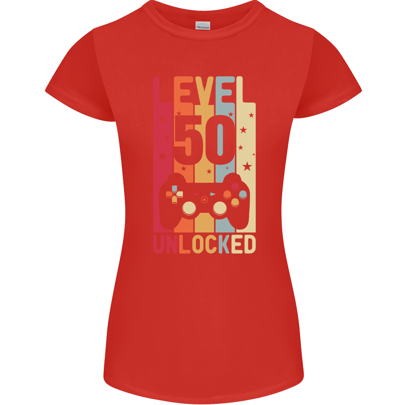 50th Birthday 50 Year Old Level Up Gamming Womens Petite Cut T-Shirt Red