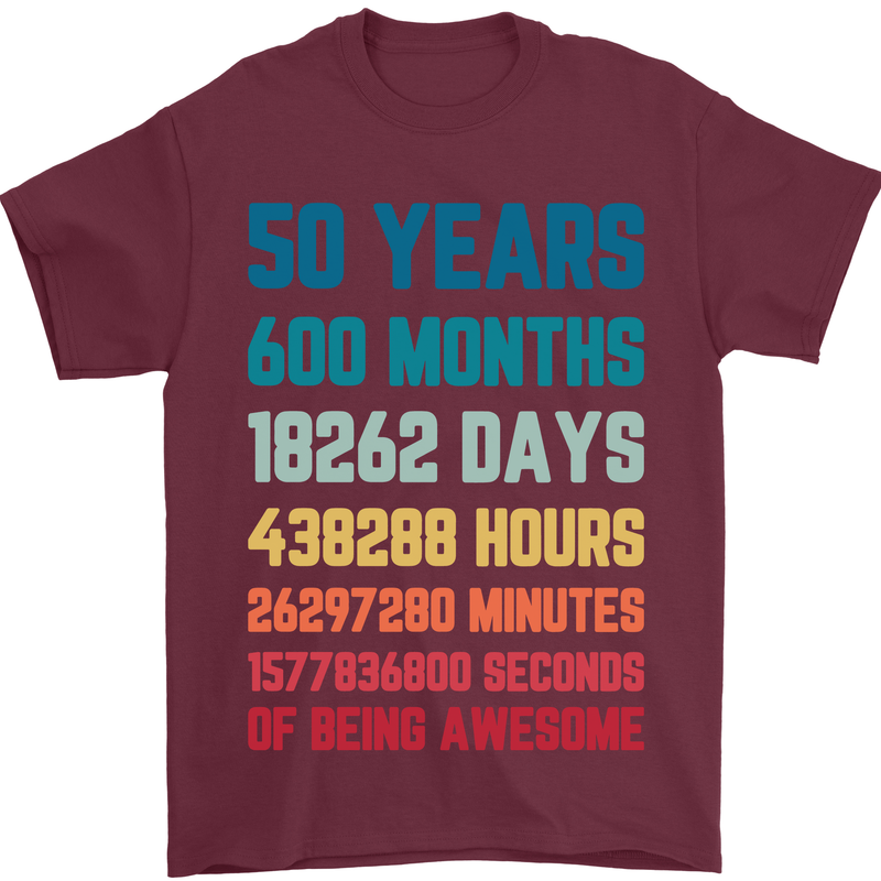 50th Birthday 50 Year Old Mens T-Shirt 100% Cotton Maroon