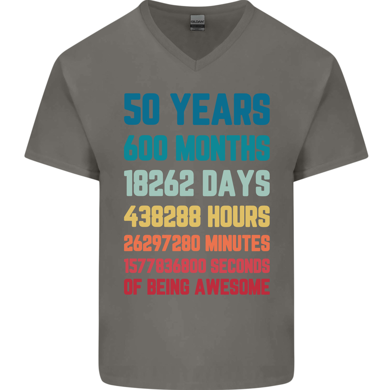 50th Birthday 50 Year Old Mens V-Neck Cotton T-Shirt Charcoal