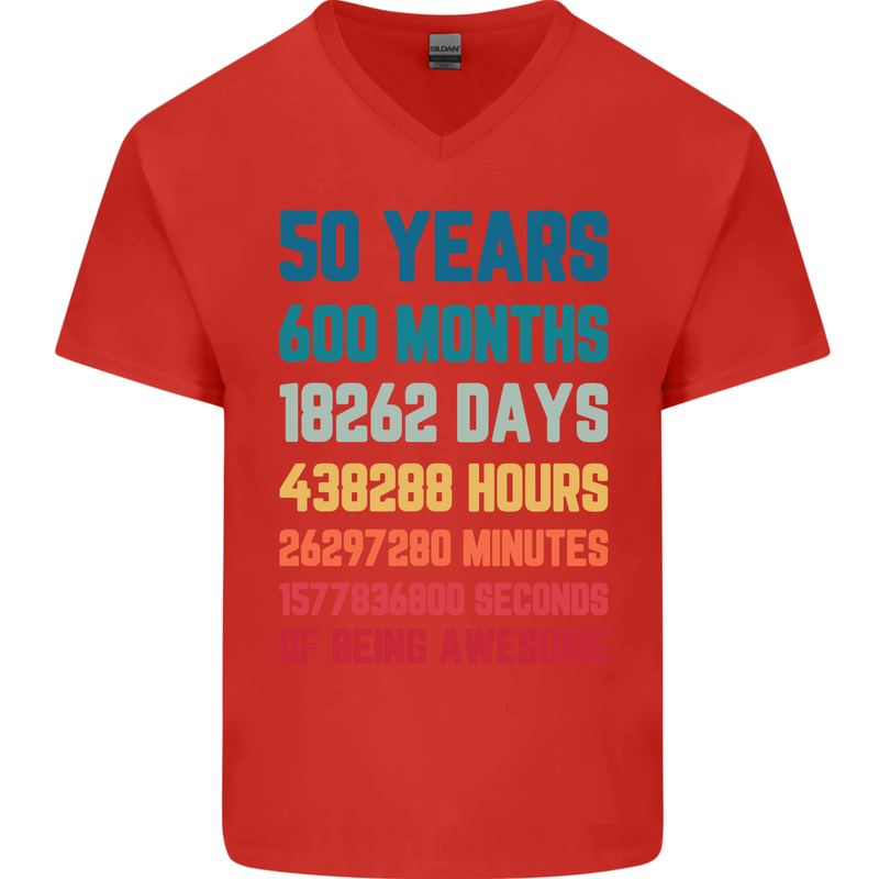 50th Birthday 50 Year Old Mens V-Neck Cotton T-Shirt Red