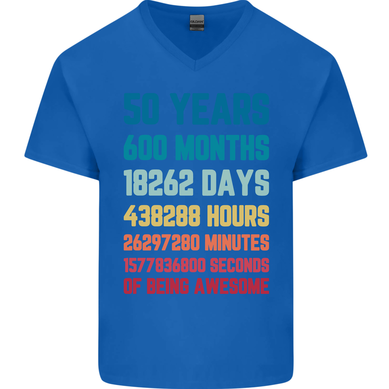 50th Birthday 50 Year Old Mens V-Neck Cotton T-Shirt Royal Blue