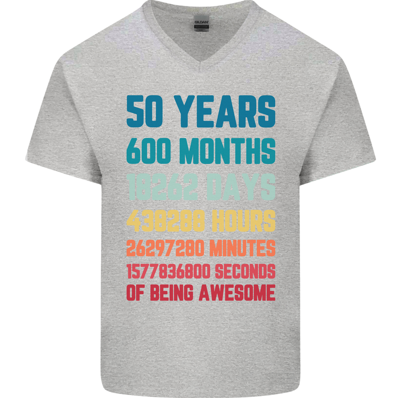 50th Birthday 50 Year Old Mens V-Neck Cotton T-Shirt Sports Grey
