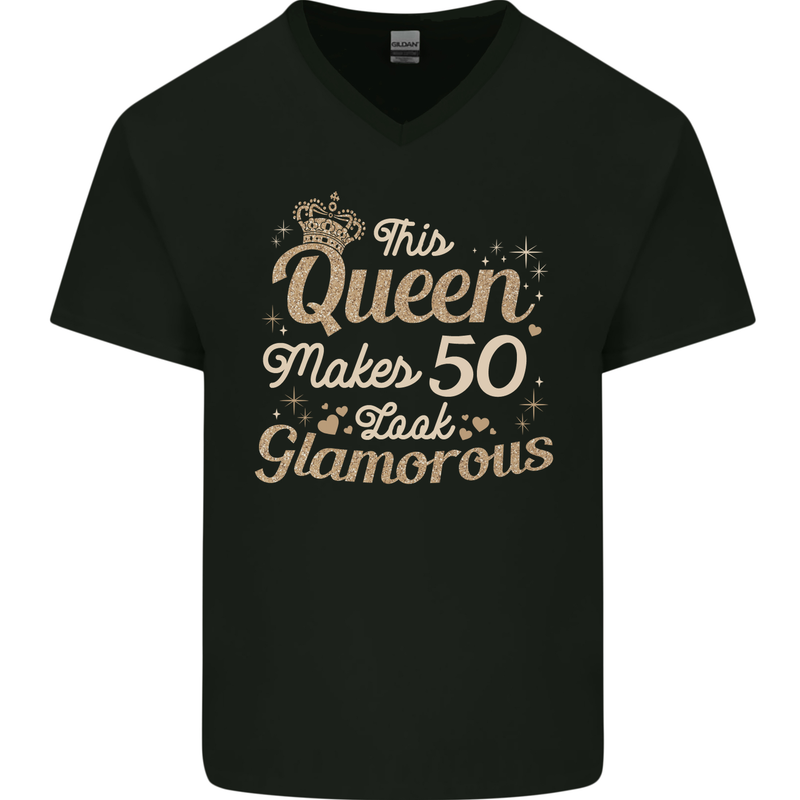 50th Birthday Queen Fifty Years Old 50 Mens V-Neck Cotton T-Shirt Black