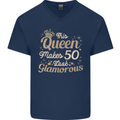 50th Birthday Queen Fifty Years Old 50 Mens V-Neck Cotton T-Shirt Navy Blue