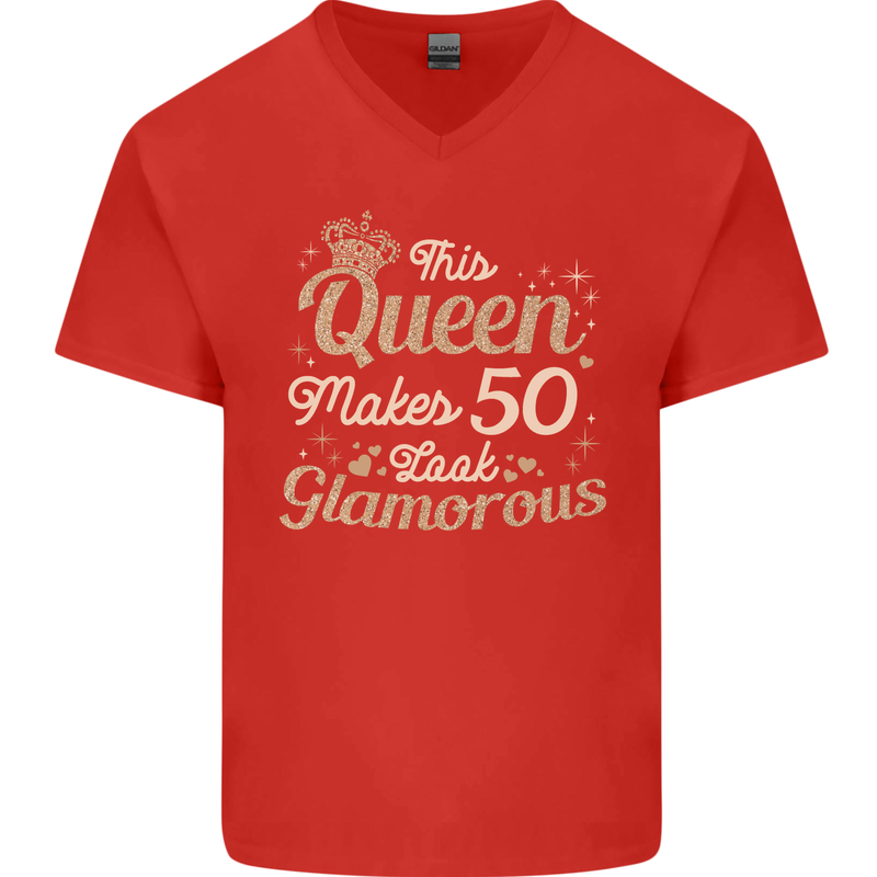 50th Birthday Queen Fifty Years Old 50 Mens V-Neck Cotton T-Shirt Red