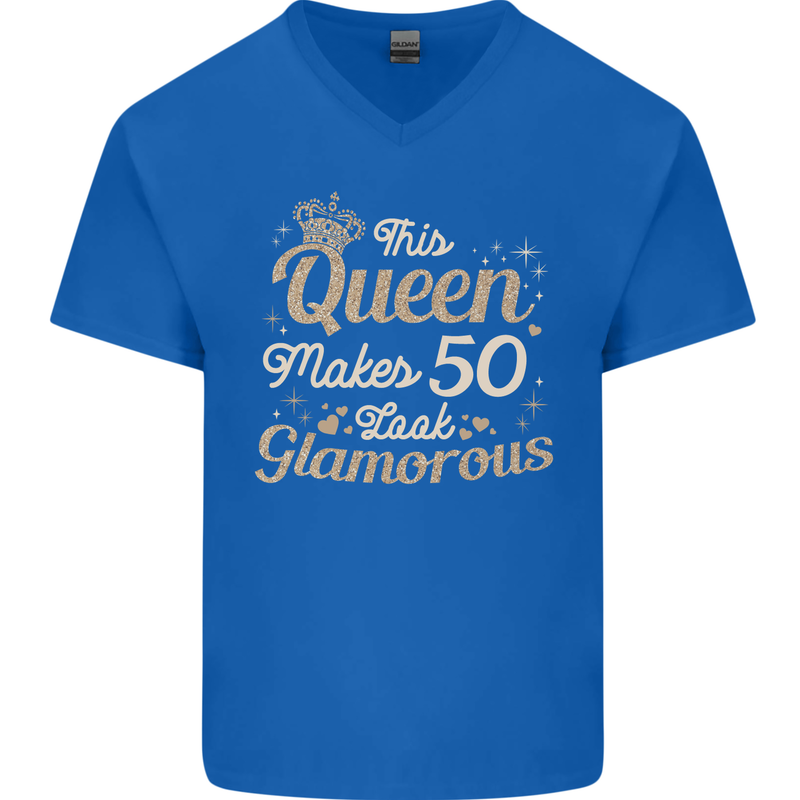 50th Birthday Queen Fifty Years Old 50 Mens V-Neck Cotton T-Shirt Royal Blue
